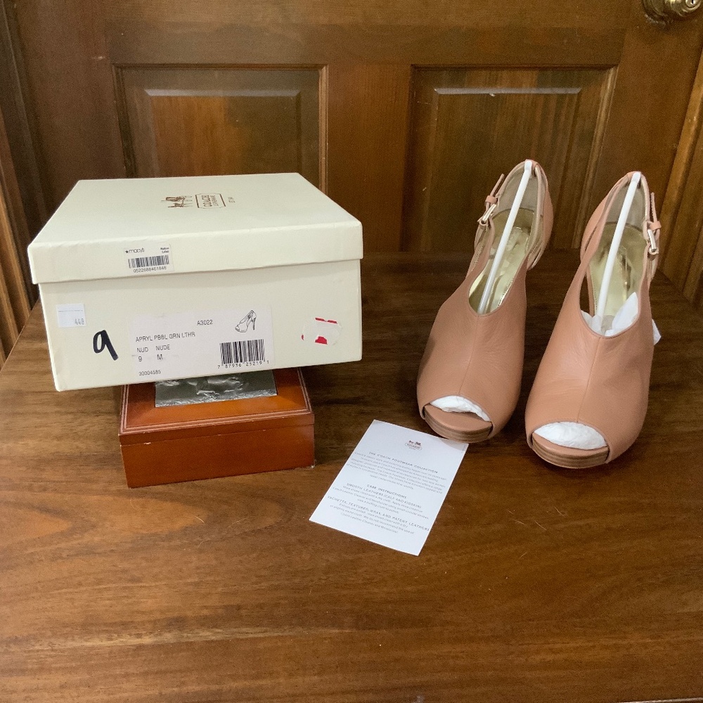 COACH Apryl Nude Nubuck Cut Out Peep Toe Logo‎ Buckle Stilettos NIB